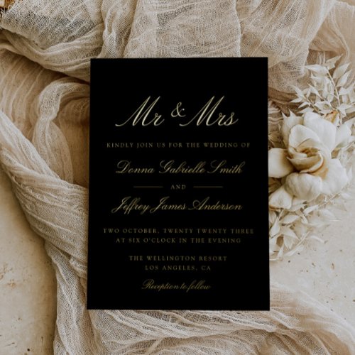 black MR  MRS wedding gold Foil Invitation