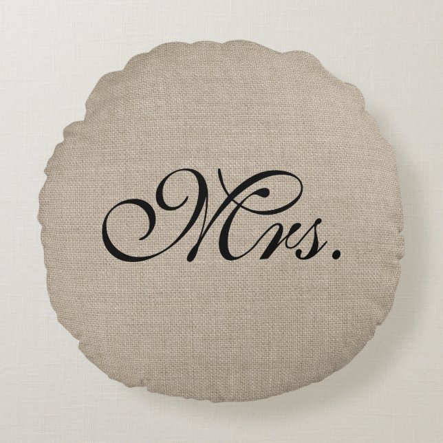 Black Mrs. Burlap Round Throw Pillow (Front)