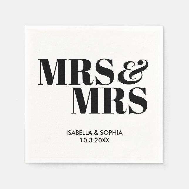 Black Mrs & Mrs Bride Personalized Wedding Napkins (Front)