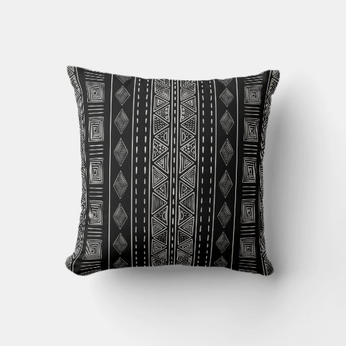 Black Mudcloth Inspired Ethnic Tribal Pattern Throw Pillow