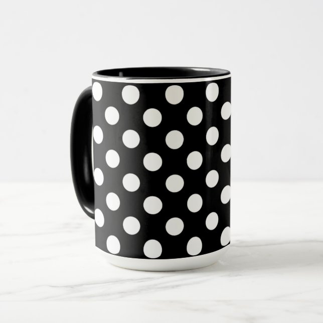 Black Mug Stylish Big White Polka Dots (Front Left)