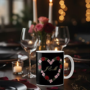 Black Mug with Crown of Pink and Red Roses