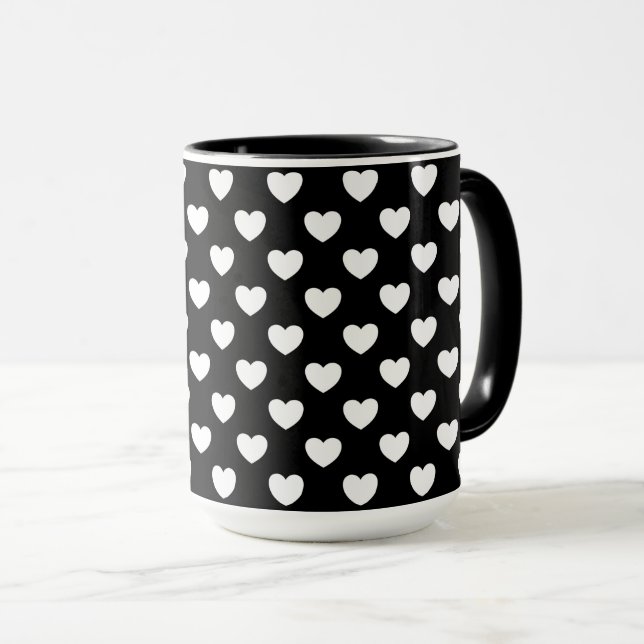 Black Mug With White Hearts Polka Dot Pattern (Front Right)