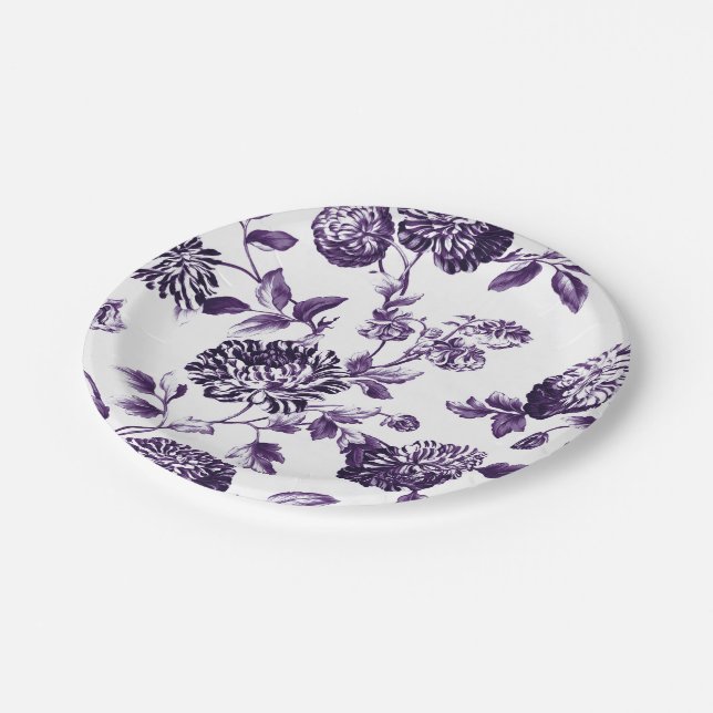 Black Mulberry Purple Floral Toile No.2 Paper Plates (Angled)