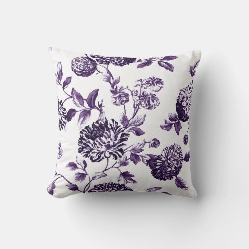 Black Mulberry Purple  White Floral Toile No2 Throw Pillow