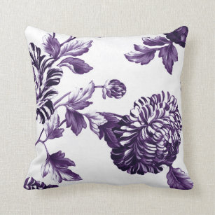 Black Mulberry Purple & White Floral Toile No.2 Throw Pillow