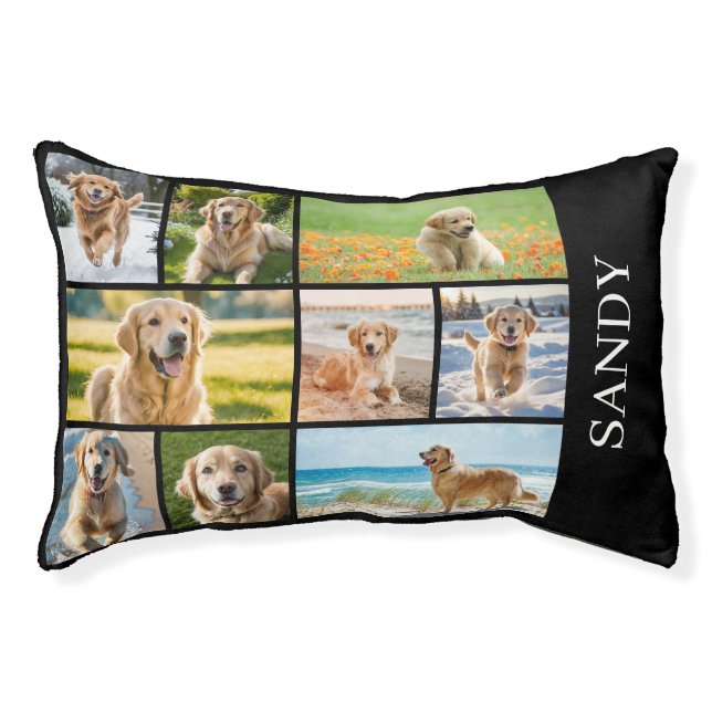 Black Multi Photo Collage Custom Name Dog Pet Bed (Front)