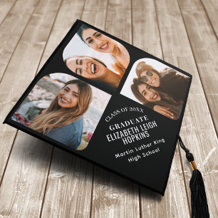 Black Multi Photo Modern Stylish Graduation Cap Topper