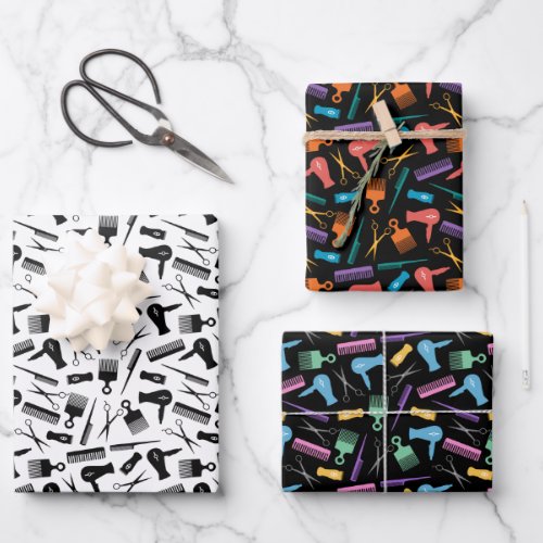 Black Multicolor Barber Tools Silhouette Patterns Wrapping Paper Sheets