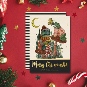 Black Mushroom Frog and Toad Merry Christmas   Foi Foil Holiday Card