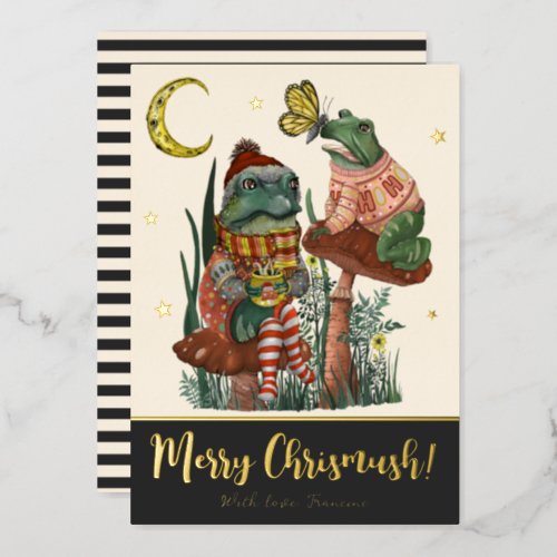 Black Mushroom Frog and Toad Merry Christmas   Foi Foil Holiday Card