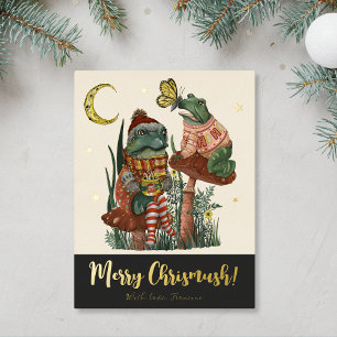 Black Mushroom Frog and Toad Merry Christmas Foi Foil Holiday Postcard