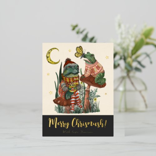 Black Mushroom Frog and Toad Merry Christmas   Foi Foil Holiday Postcard