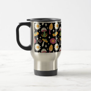 Black Mushroom, Rainbow and Daisies Pattern Travel Mug