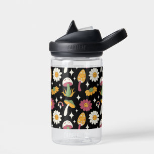 Black Mushroom, Rainbow and Daisies Pattern Water Bottle