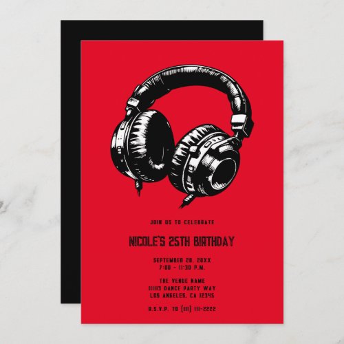 Black Music Headphones Dance DJ Birthday Party Invitation