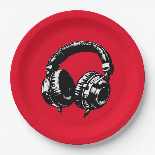 Black Music Headphones Dance DJ Birthday Party Paper Plates (Front)