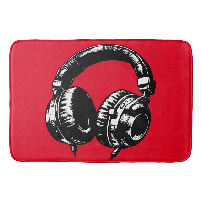 Black Music Headphones DJ  Bath Mat (Front)
