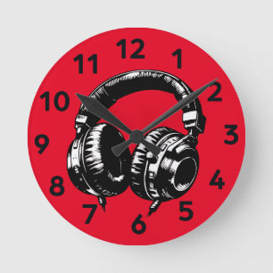 Black Music Headphones DJ Round Clock