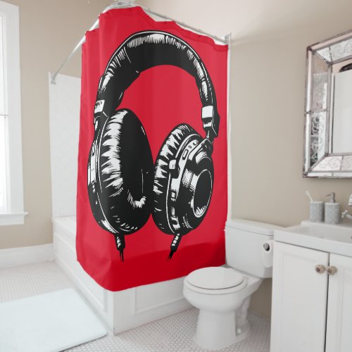 Black Music Headphones DJ  Shower Curtain