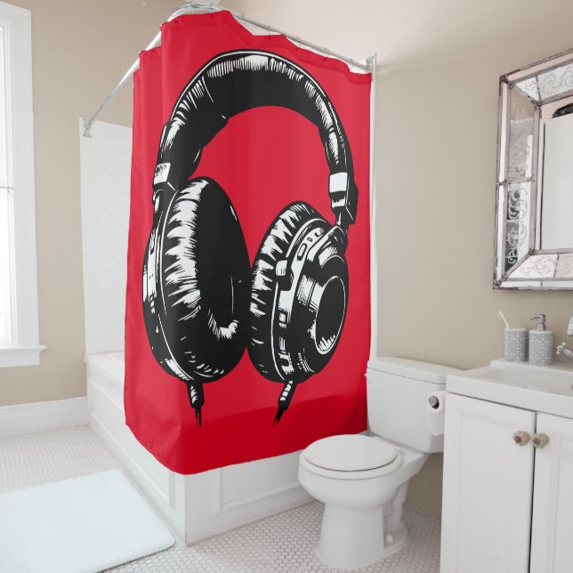 Black Music Headphones DJ  Shower Curtain (In Situ)