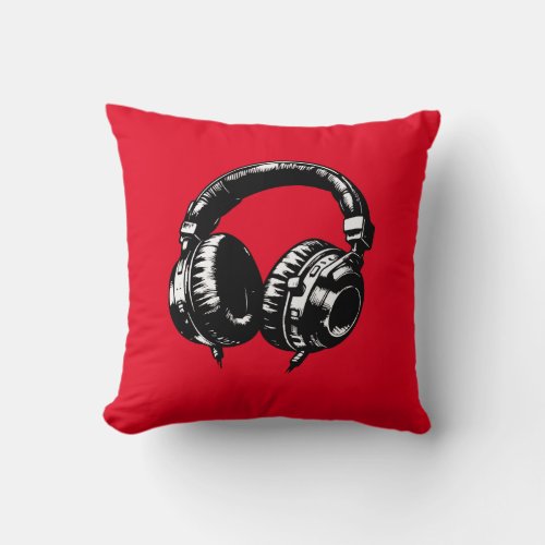 Black Music Headphones DJ  Throw Pillow