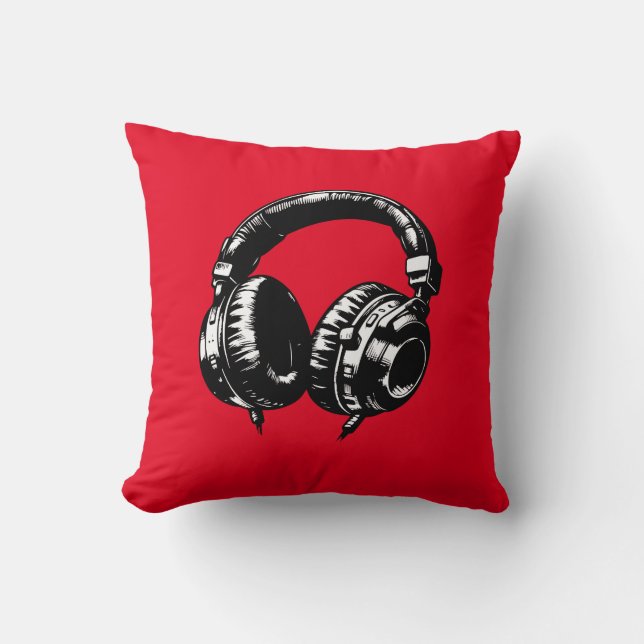 Black Music Headphones DJ  Throw Pillow (Front)