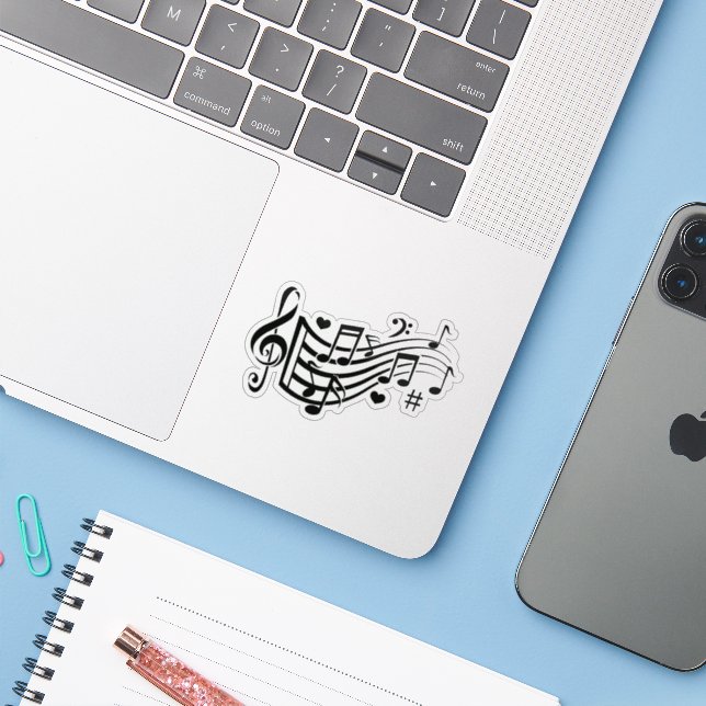 Black Music Notes Clef Vinyl Sticker Decal (Laptop w/ iPhone)