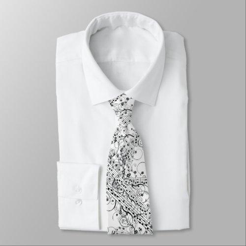 Black Music Notes on a White Neck Tie