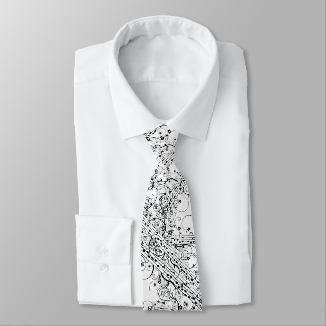 Black Music Notes on a White Neck Tie (Tied)