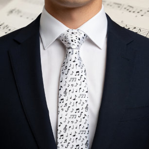 Black Music Notes on White Neck Tie