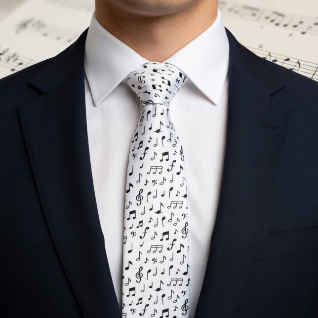 Black Music Notes on White  Neck Tie (Creator Uploaded)