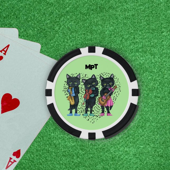 Black Musical Cats Heart of Notes Light Green Poker Chips (Cool black musical cat playing instruments on heart of music notes on light green poker chips.)