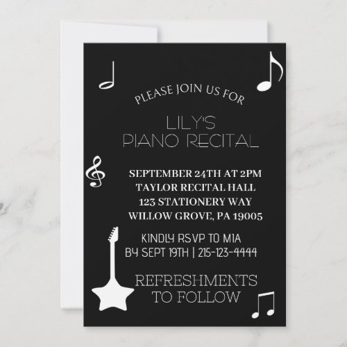 Black Musical Note Piano Recital Invitation