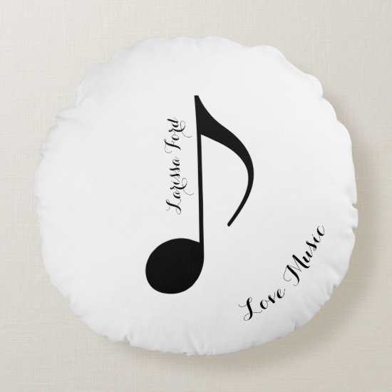 black musical-note with custom name round pillow