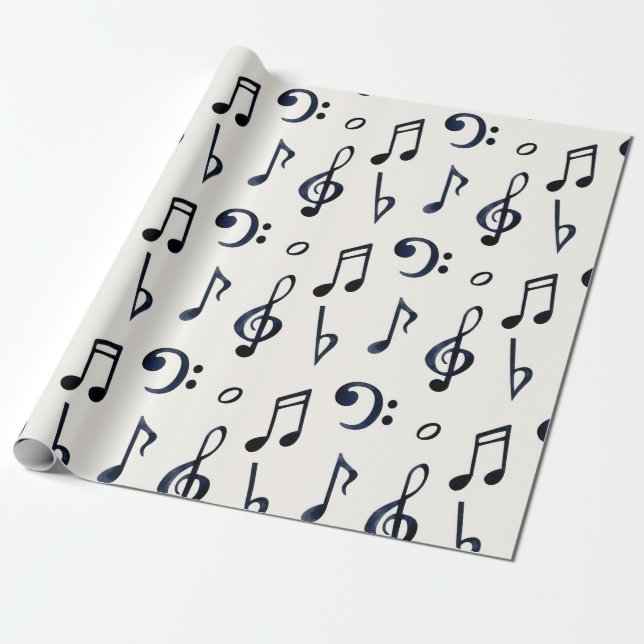 Black Musical Notes, Bass Treble Clefs On White Wrapping Paper (Unrolled)