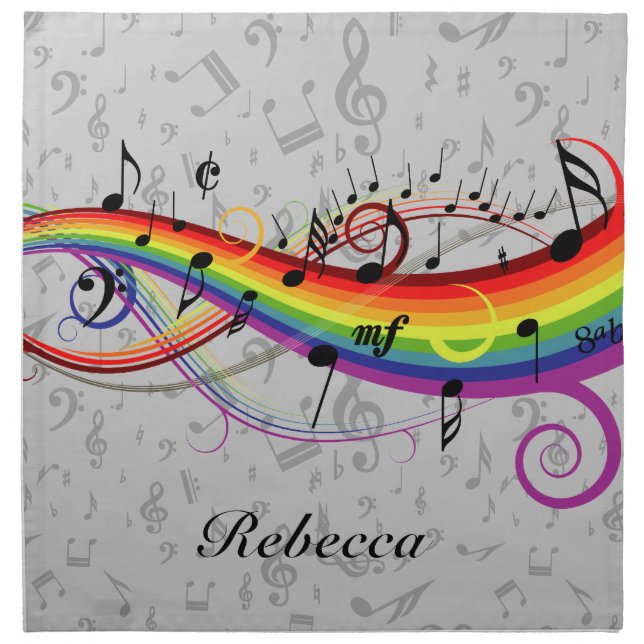 Black musical notes floating on a rainbow napkin (Front)