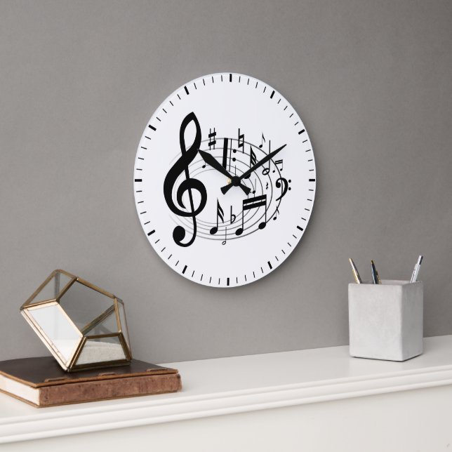 Black Musical Notes in Oval Shape Large Clock (Office)