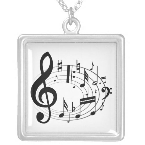 Black musical notes in oval shape silver plated necklace