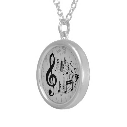 Black musical notes in oval shape silver plated necklace
