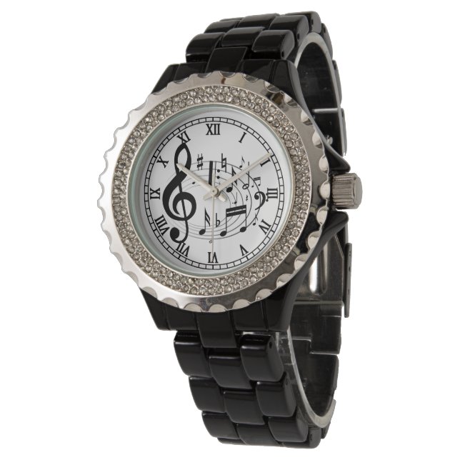 Black Musical Notes in Oval Shape Watch (Angled)