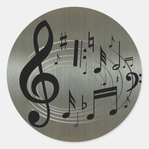 Black musical notes on aluminum background classic round sticker