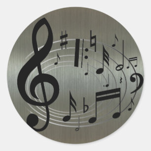 Black musical notes on aluminum background classic round sticker