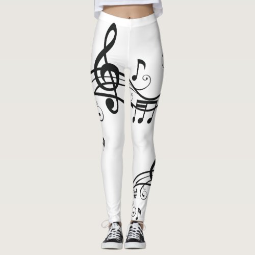 Black Musical Notes on White Leggings