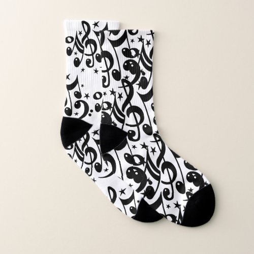 Black Musical Notes  Symbols on White Socks