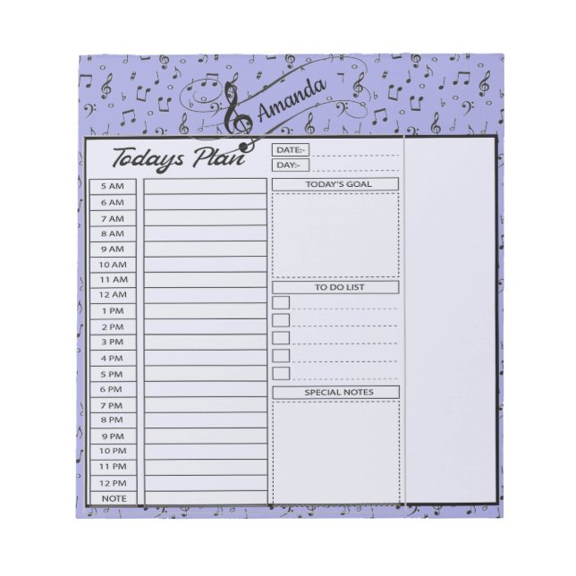Black Musical personalized day planner Notepad (Front)
