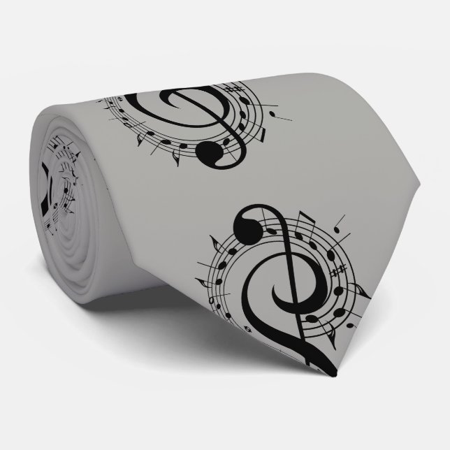 Black Musical Symbols on Grey Neck Tie (Rolled)