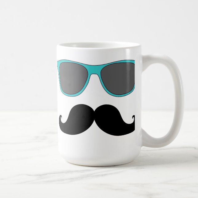 Black Mustache and Aqua Blue Sunglasses Humor Coffee Mug (Right)