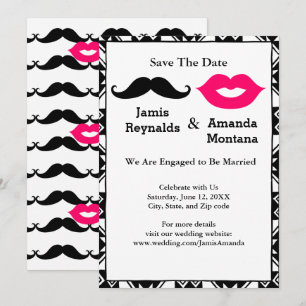 Black Mustache and Pink Lips Couple Save the Date Invitation
