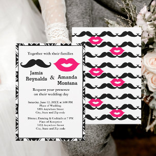 Black Mustache and Pink Lips Couple Wedding Invitation